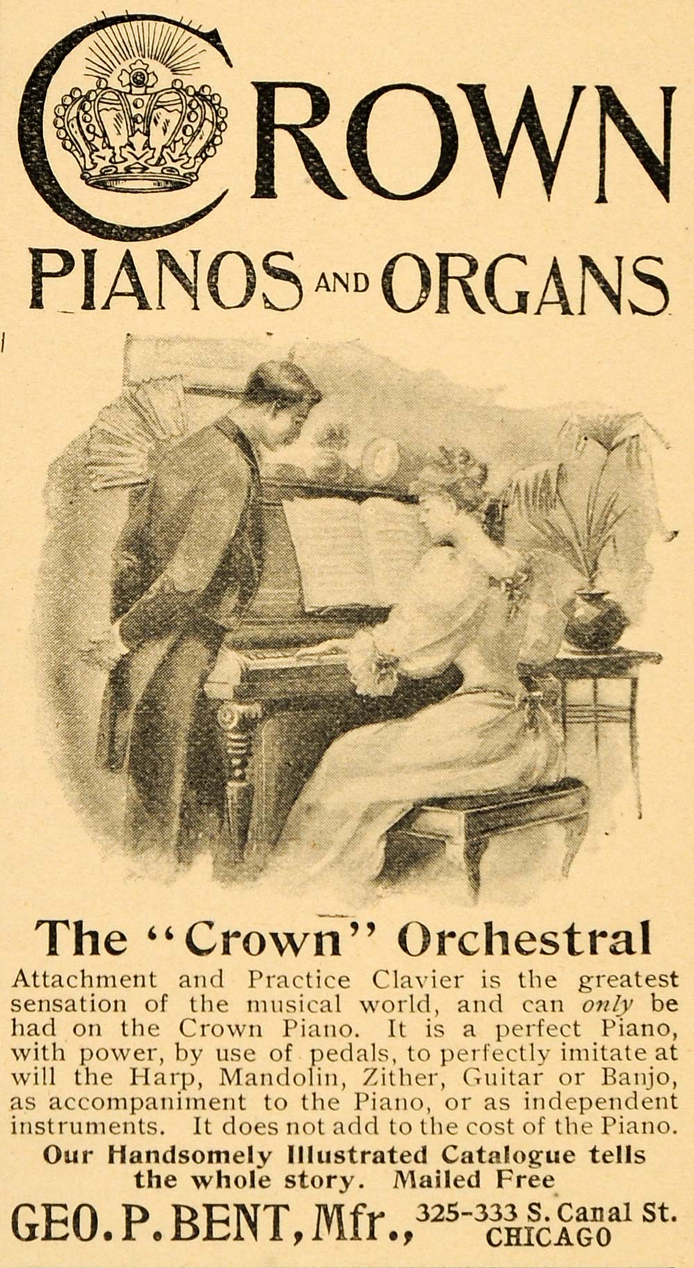 1895 Ad Crown Pianos Organs Clavier Orchestral Geo Bent - ORIGINAL OD3