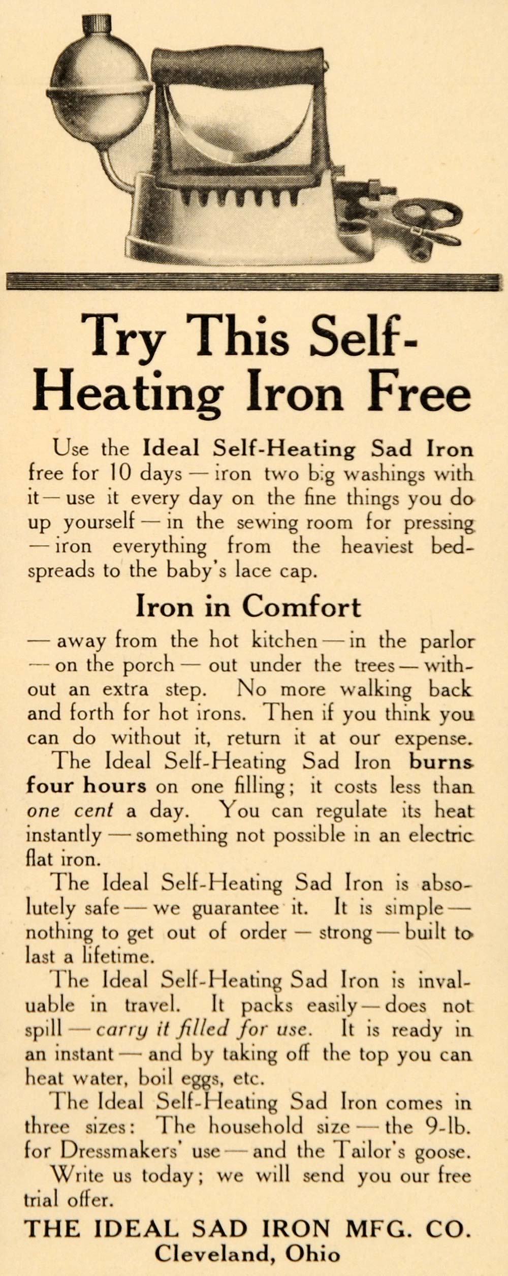1909 Ad Ideal Sad Iron Self Heating Press Tailors Goose - ORIGINAL OD3