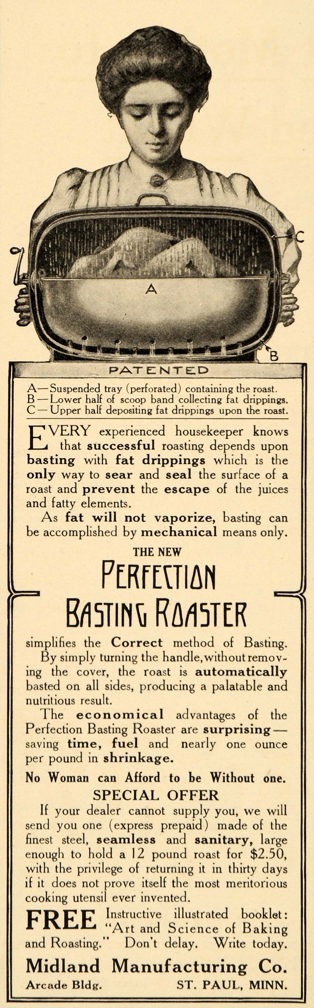 1909 Ad Antique Perfection Basting Roaster Midland - ORIGINAL ADVERTISING OD3