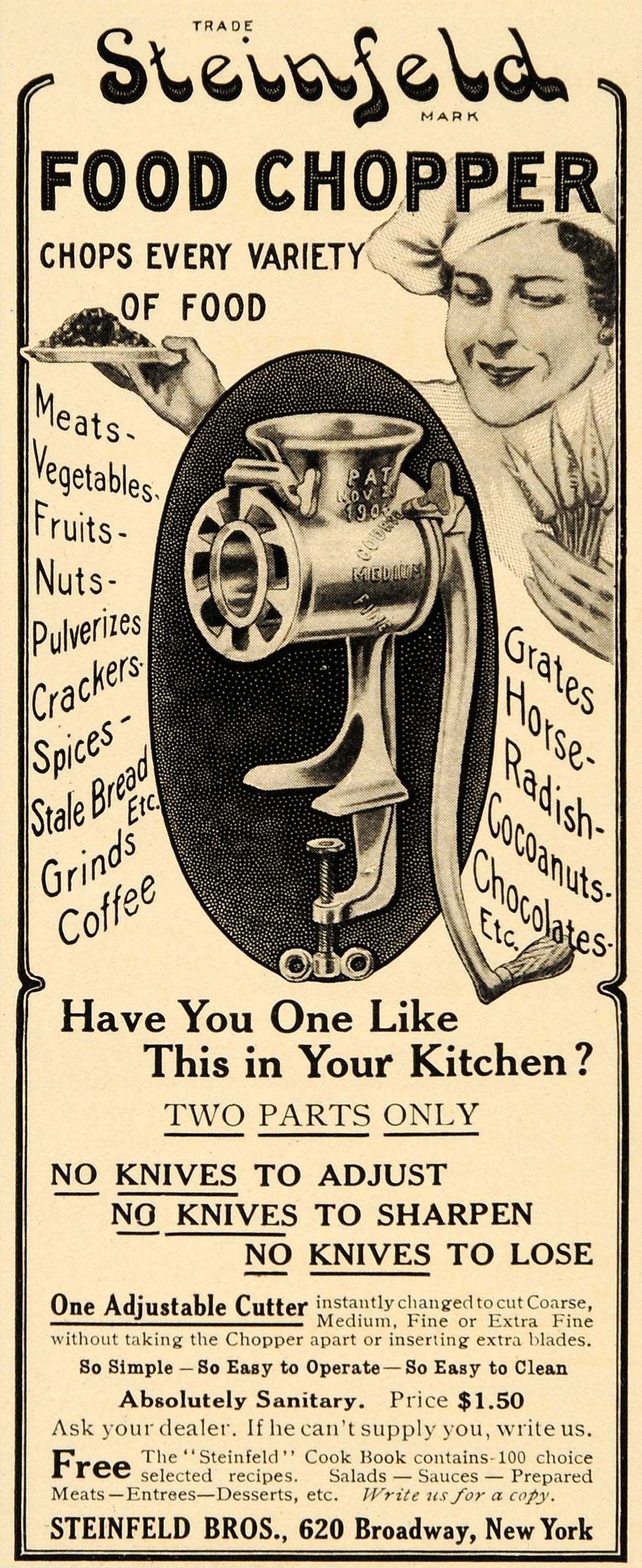 1910 Ad Steinfeld Brothers Antique Food Meat Chopper - ORIGINAL ADVERTISING OD3