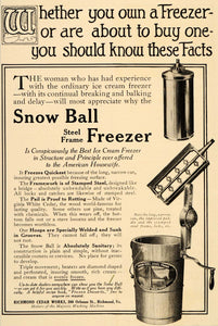 1910 Ad Snow Ball Steel Frame Freezer Richmond Cedar - ORIGINAL ADVERTISING OD3