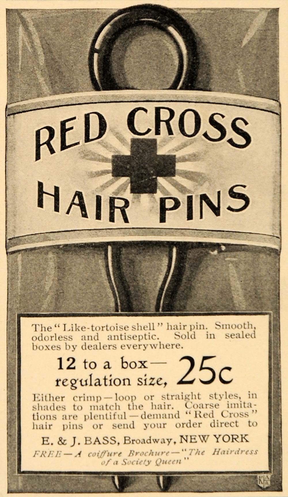 1905 Ad Red Cross Hair Pin Bass Coiffure Tortoise Shell - ORIGINAL OD3