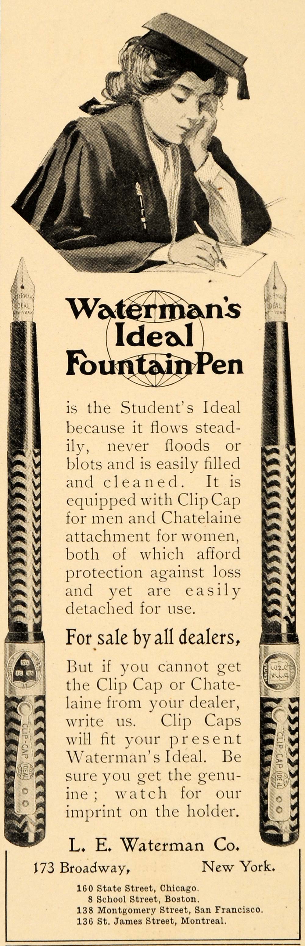 1905 Ad Watermans Fountain Pen Clip Clap Chatelaine - ORIGINAL ADVERTISING OD3