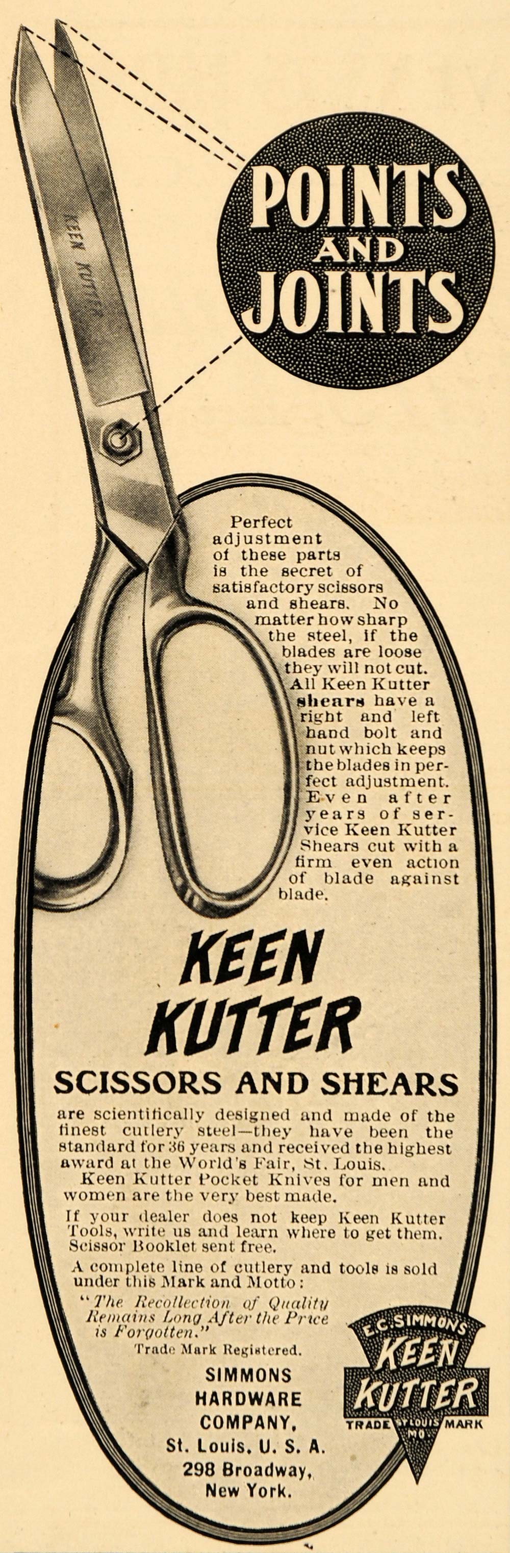 1905 Ad Keen Kutter Scissors Shears Simmons Hardware - ORIGINAL ADVERTISING OD3