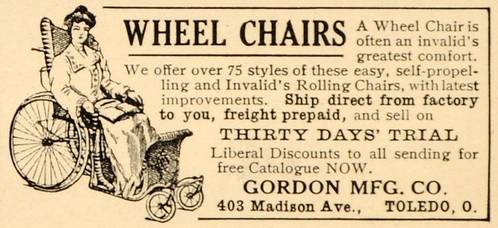 1909 Ad Antique Wheel Chairs Rolling Gordon Toledo Ohio - ORIGINAL OD3