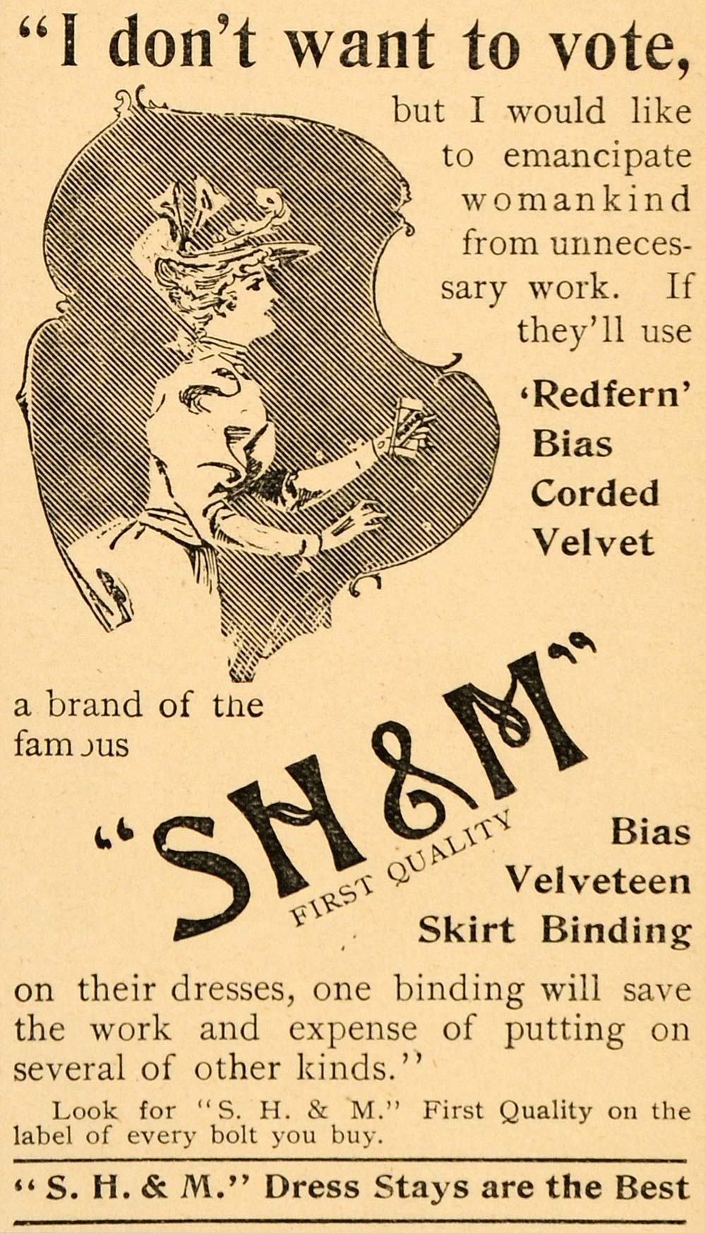 1895 Ad SH & M Redfern Bias Corded Velvet Skirt Binding - ORIGINAL OD3