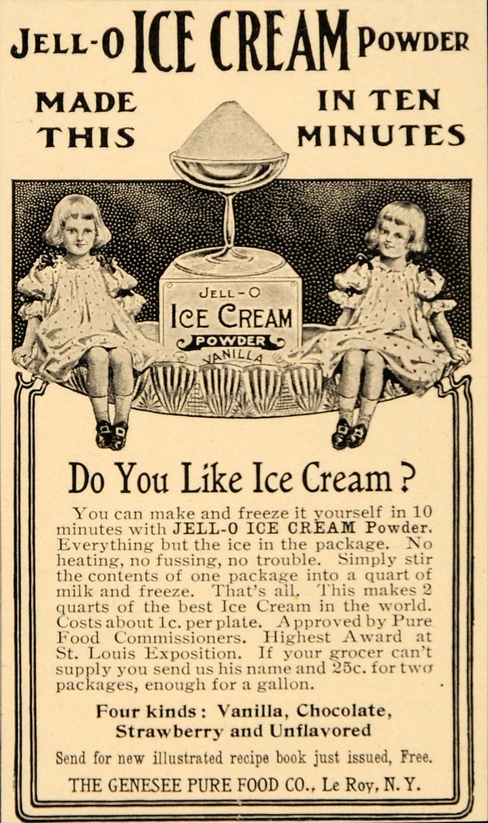 1905 Ad Jello Ice Cream Powder Genesee Pure Food Le Roy - ORIGINAL OD3