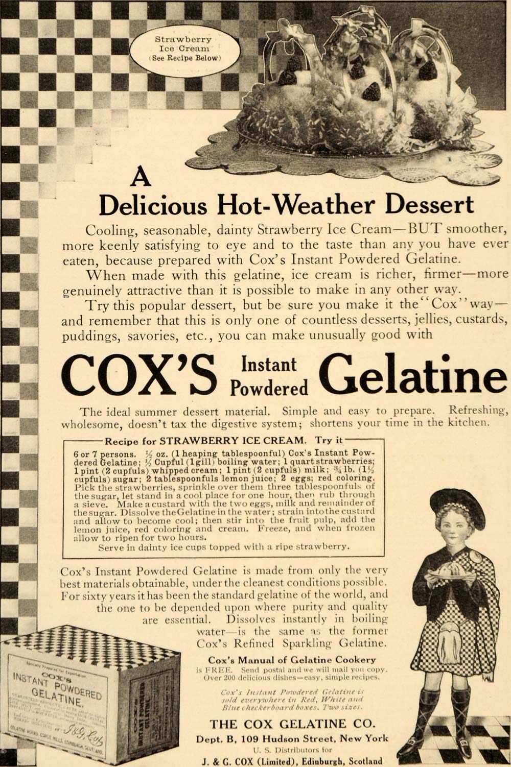 1910 Ad Coxs Instant Powdered Gelatine Ice Cream Recipe - ORIGINAL OD3
