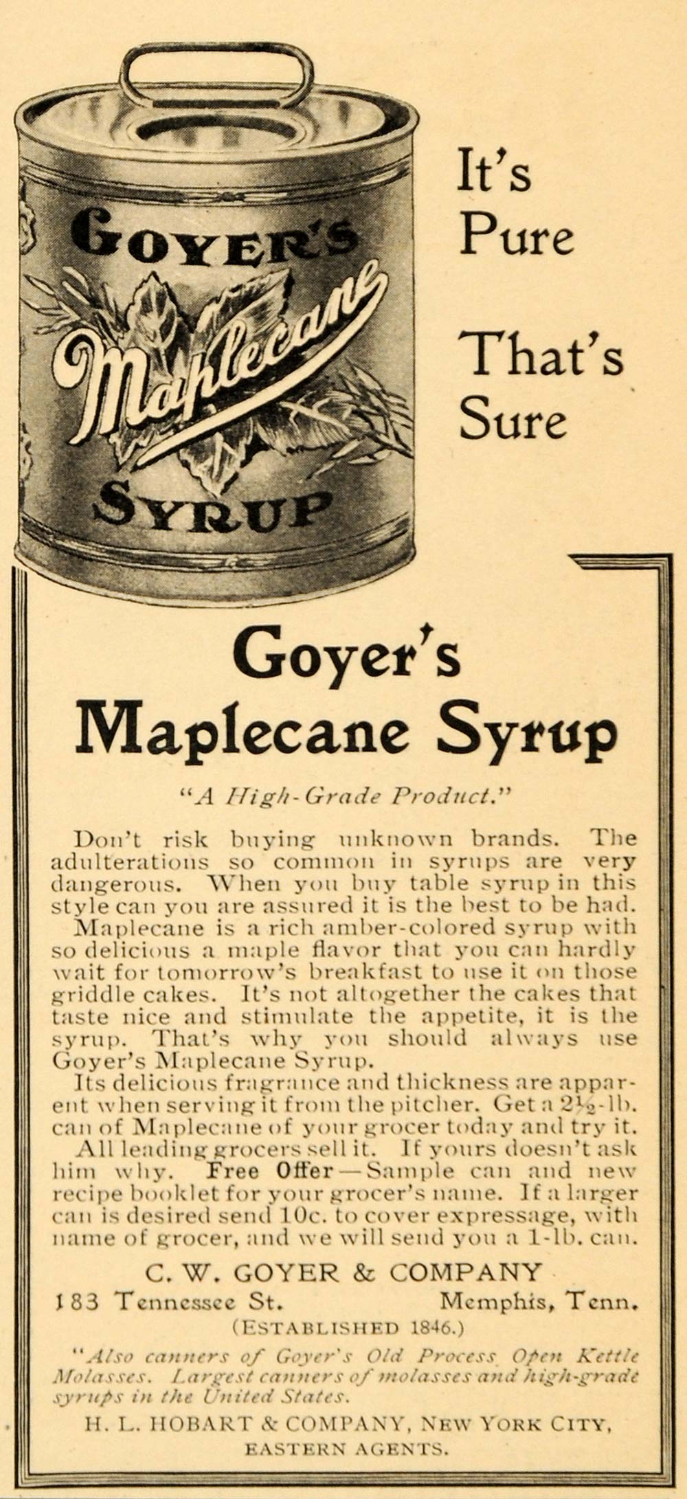1903 Ad Goyers Maplecane Syrup Hobart Kettle Molasses - ORIGINAL ADVERTISING OD3