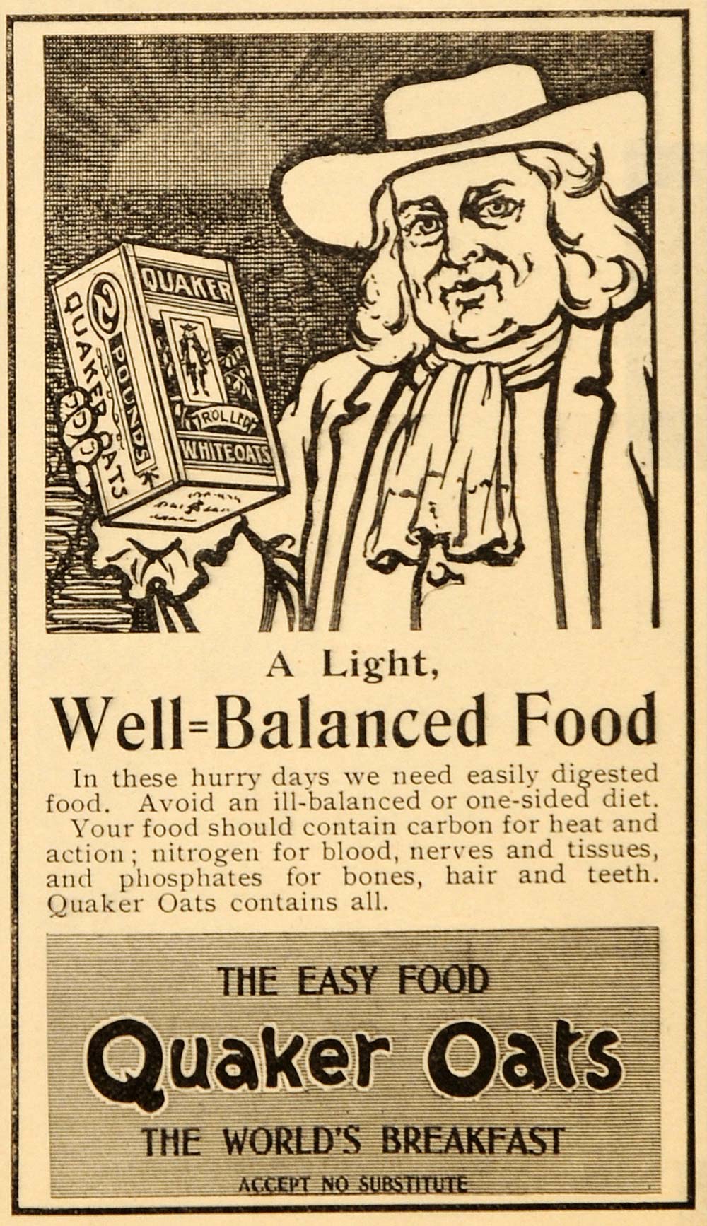 1899 Ad Antique Quaker Rolled Oats Breakfast Food - ORIGINAL ADVERTISING OD3