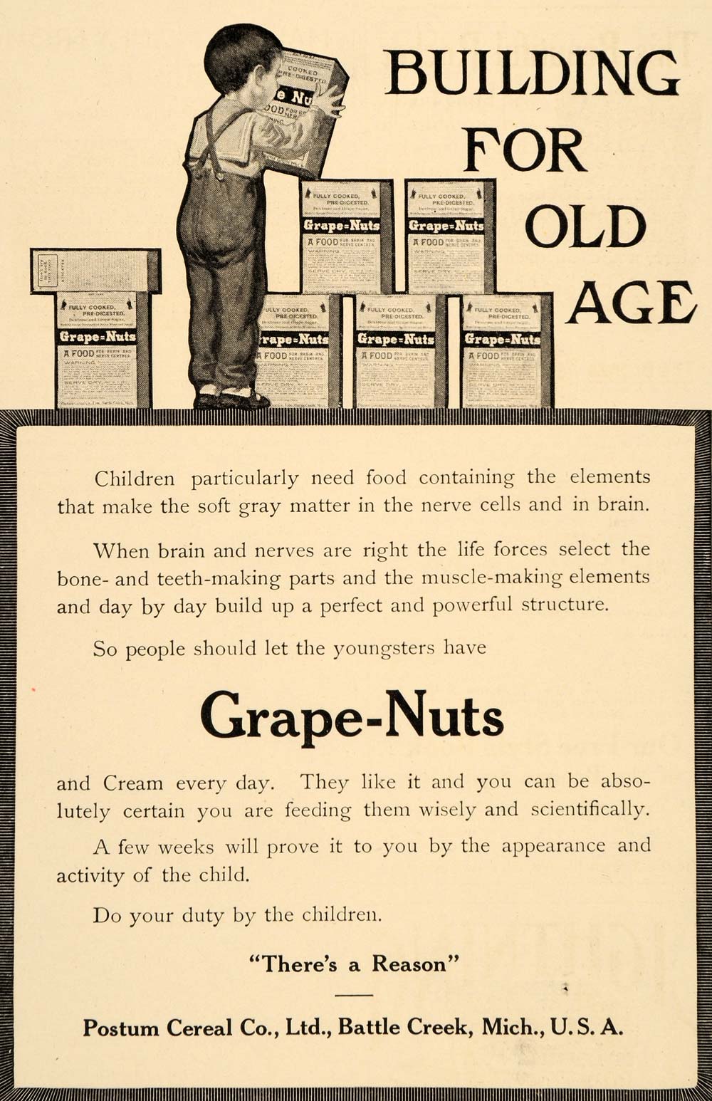 1909 Ad Grape Nuts Postum Cereal Battle Creek Children - ORIGINAL OD3
