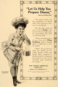 1909 Ad Franco American Food Soups Plum Pudding Chef - ORIGINAL ADVERTISING OD3