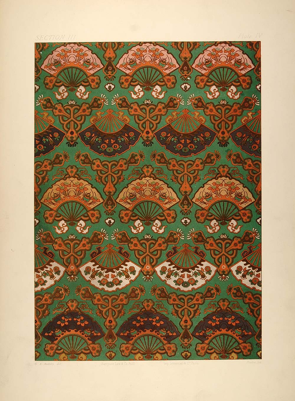 1883 Japanese Fabric Design Fukusa Chromolithograph - ORIGINAL OJ1