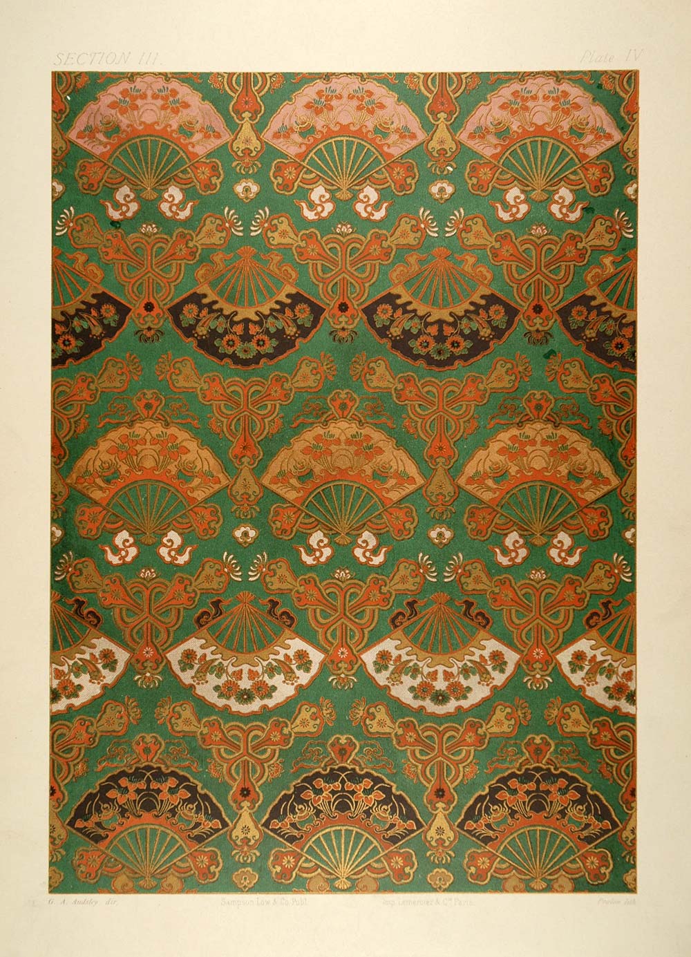 1883 Japanese Fabric Design Fukusa Chromolithograph - ORIGINAL OJ1