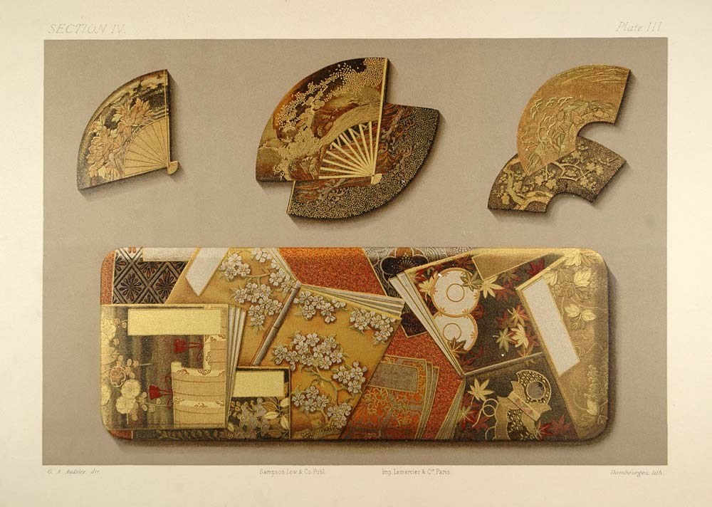 1883 Japanese Lacquer Boxes Gold Fan Chromolithograph - ORIGINAL OJ1