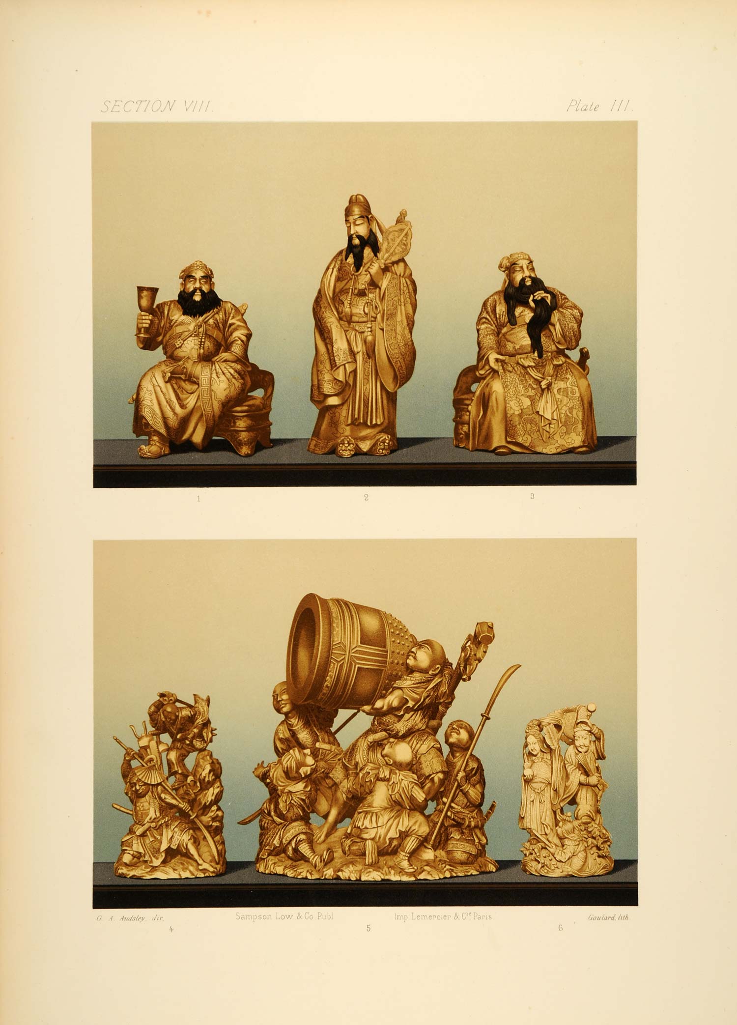 1883 Japanese Statues Warriors Chromolithograph - ORIGINAL OJ1
