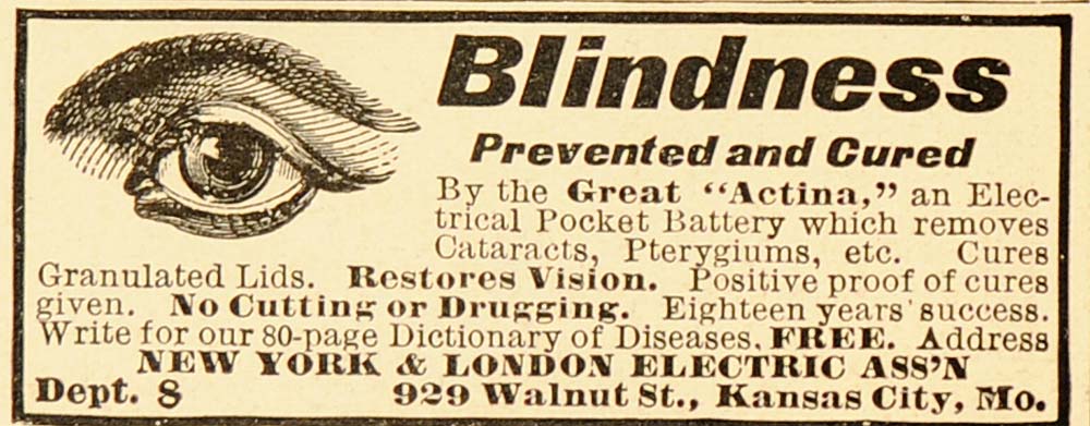 1899 Vintage Ad Quackery Cure Blindness Cataracts Eye - ORIGINAL OLD1A