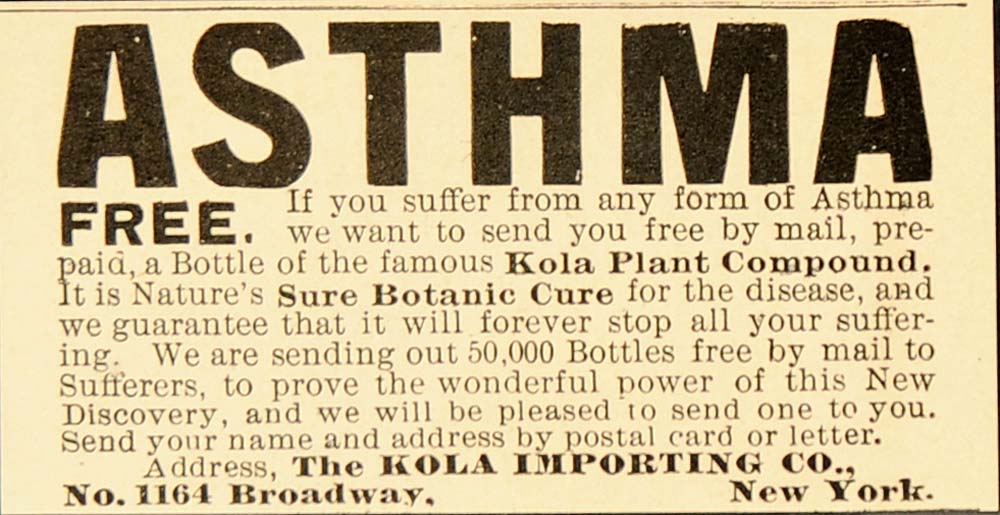 1899 Vintage Ad Asthma Quackery Botanic Cure Kola Plant - ORIGINAL OLD1A