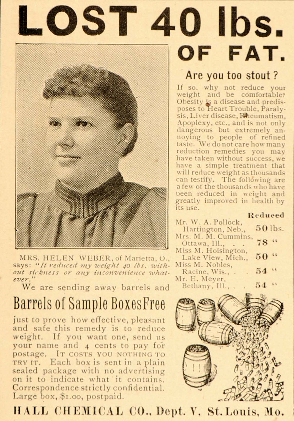 1899 Vintage Ad Quackery Diet Pills Obesity Fat Weight - ORIGINAL OLD1A