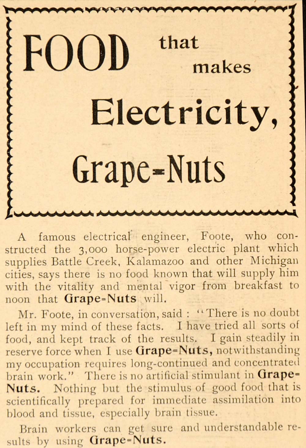 1899 Vintage Ad Grape Nuts Health Food Brain Worker - ORIGINAL ADVERTISING OLD1A