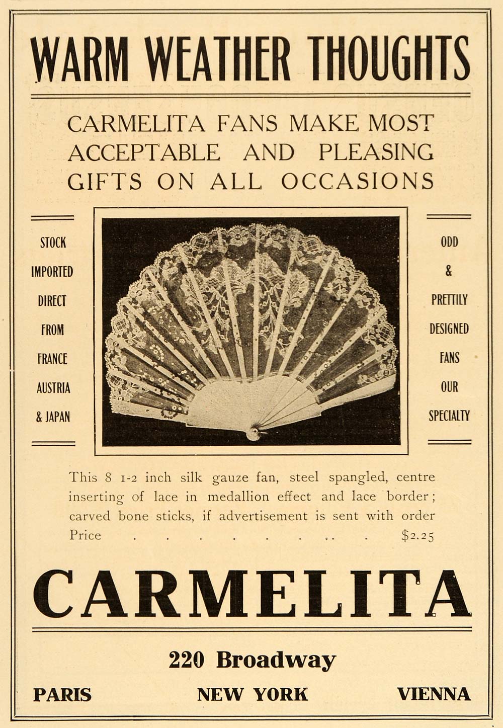 1906 Vintage Ad Carmelita Folding Silk Lace Fan Fashion - ORIGINAL ADVERTISING