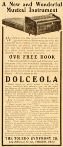 1906 Ad Dolceola Musical Instrument Toledo Symphony Co. - ORIGINAL ADVERTISING