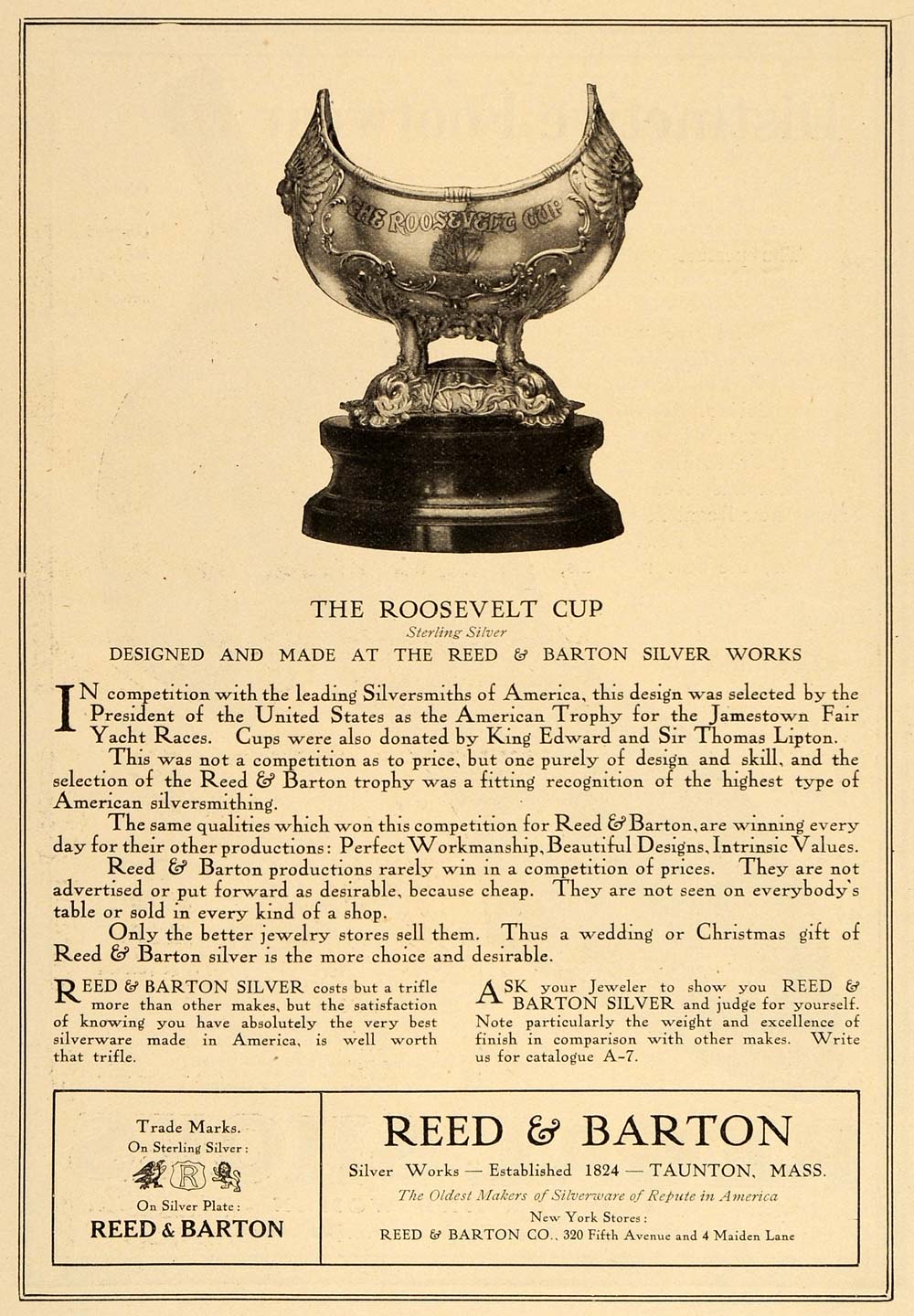 1907 Ad Reed & Barton Silver Roosevelt Cup Yacht Racing - ORIGINAL ADVERTISING