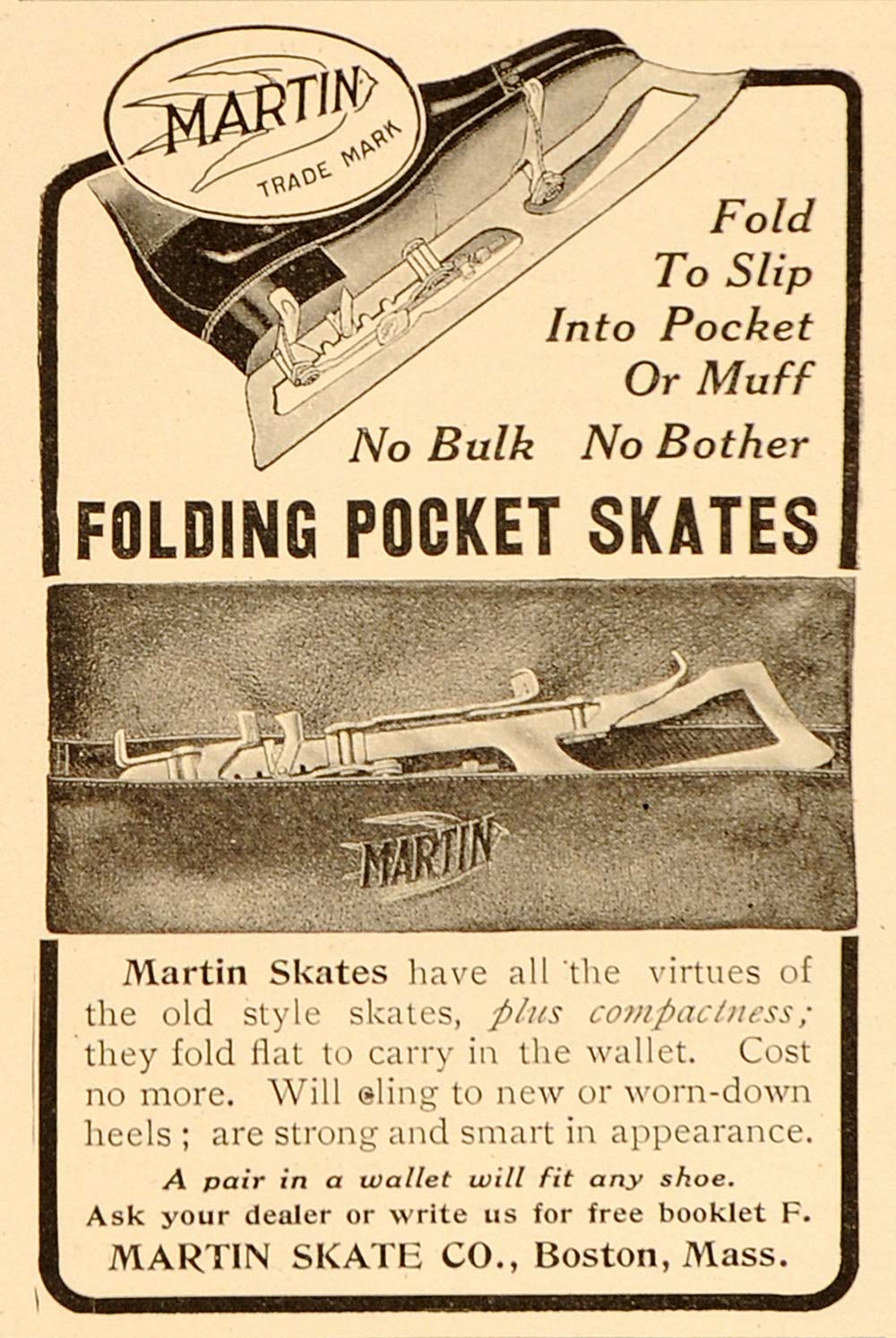 1908 Vintage Print Ad Martin Folding Pocket Ice Skates - ORIGINAL ADVERTISING