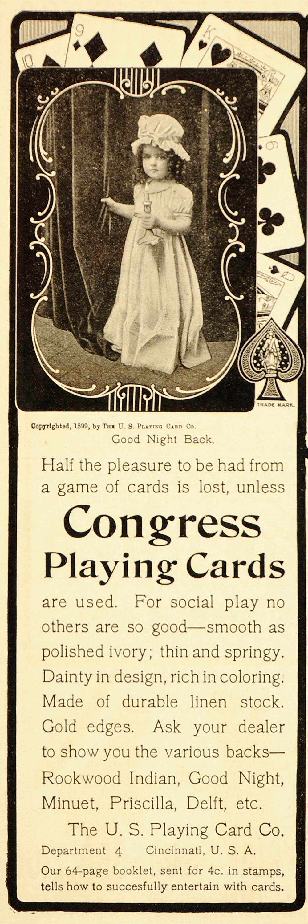 1902 Vintage Ad Congress Playing Cards Good Night Back - ORIGINAL ADVERTISING