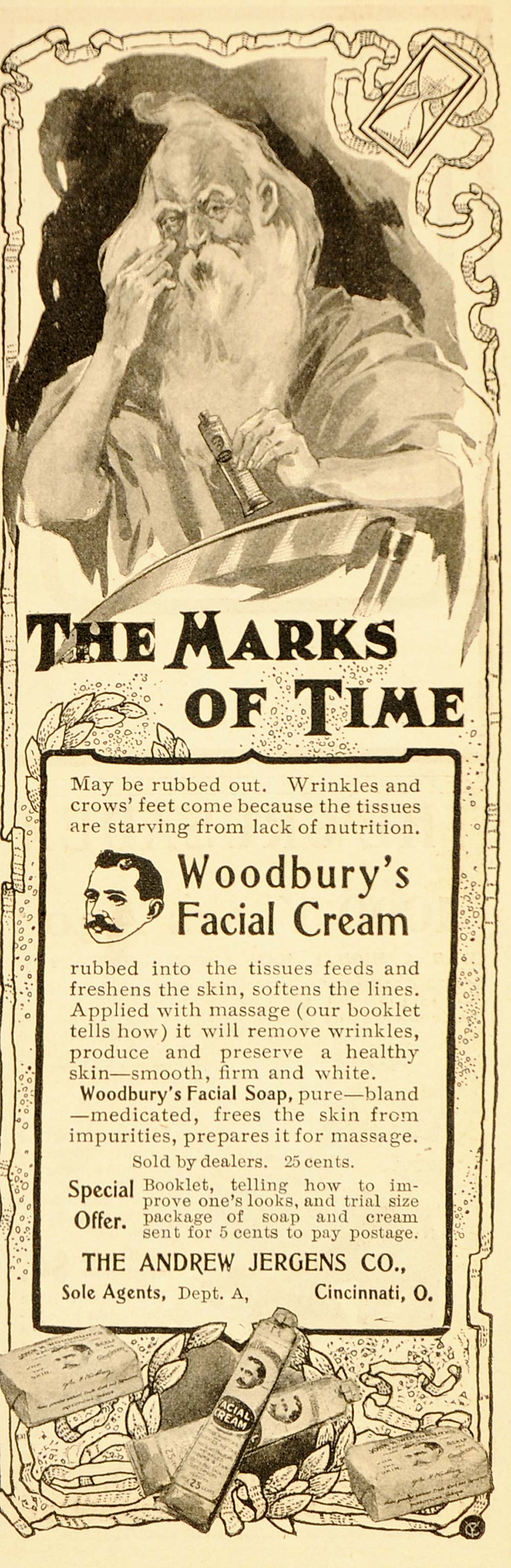 1901 Vintage Ad Woodbury's Facial Creme Father Time - ORIGINAL ADVERTISING