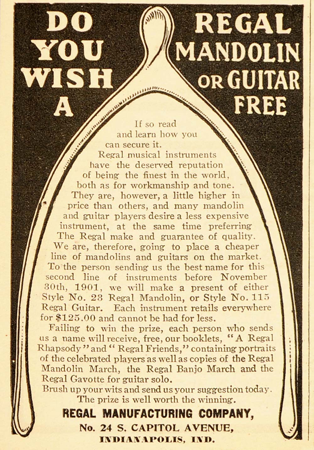 1901 Vintage Ad Regal Musical Instruments Indianapolis ORIGINAL ADVE Period Paper Historic