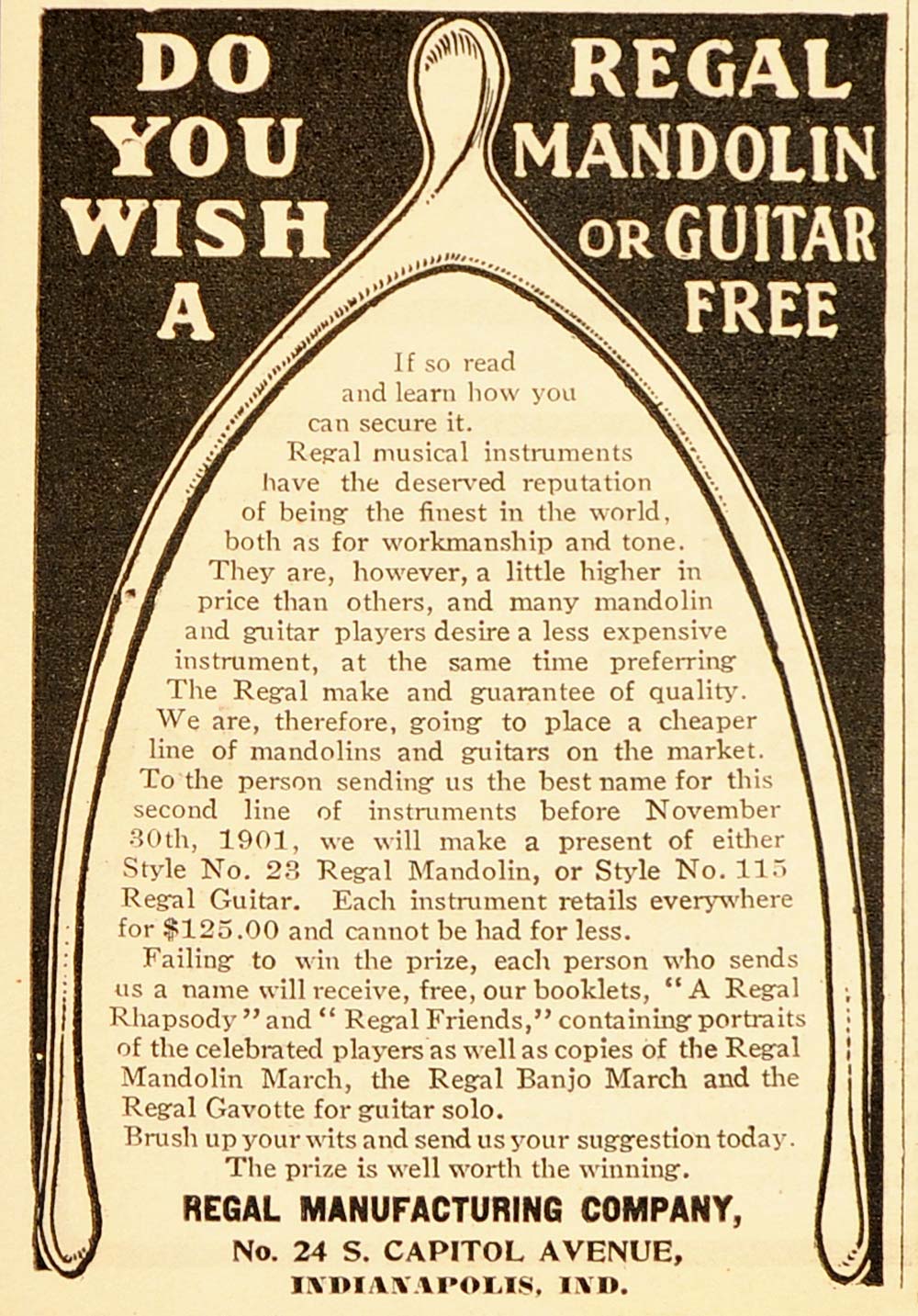 1901 Vintage Ad Regal Musical Instruments Indianapolis - ORIGINAL ADVERTISING