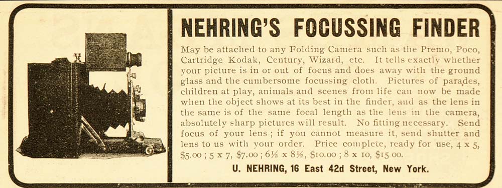 1901 Vintage Ad Nehring's Focussing Finder Camera Lens - ORIGINAL ADVERTISING