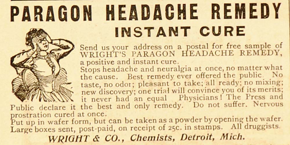 1896 Vintage Ad Wright Paragon Headache Cure Quackery - ORIGINAL ADVERTISING