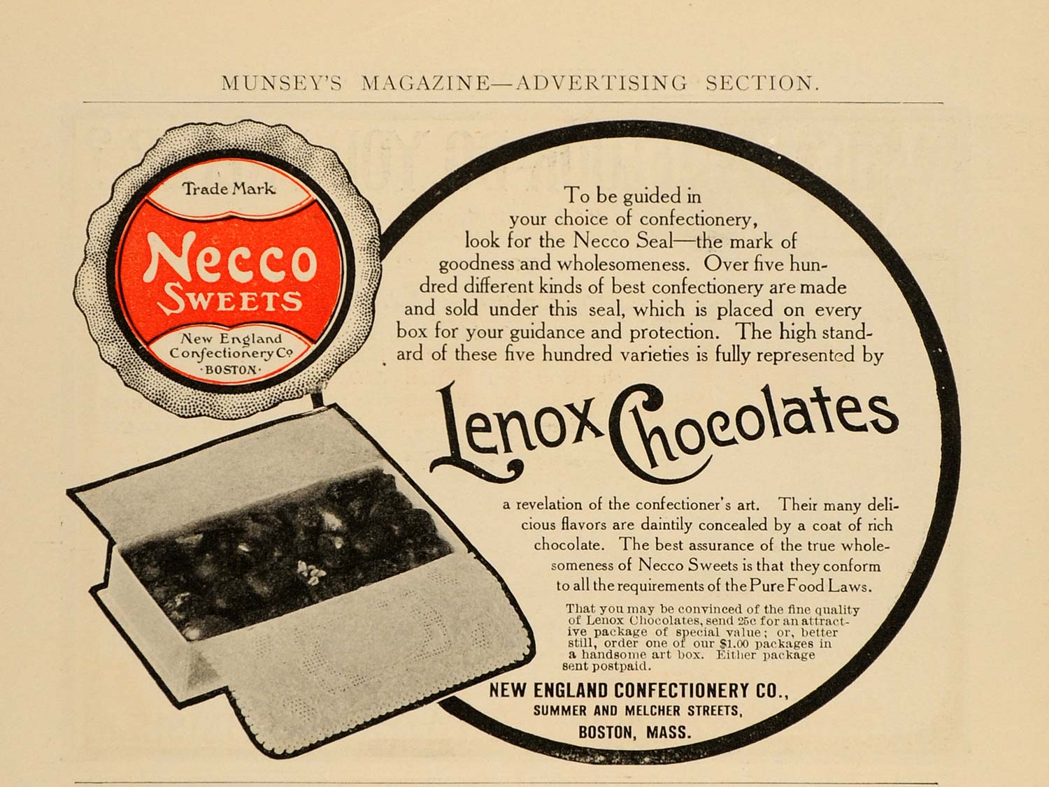 1907 Vintage Ad Lenox Chocolates NECCO Seal Box Boston - ORIGINAL OLD3A