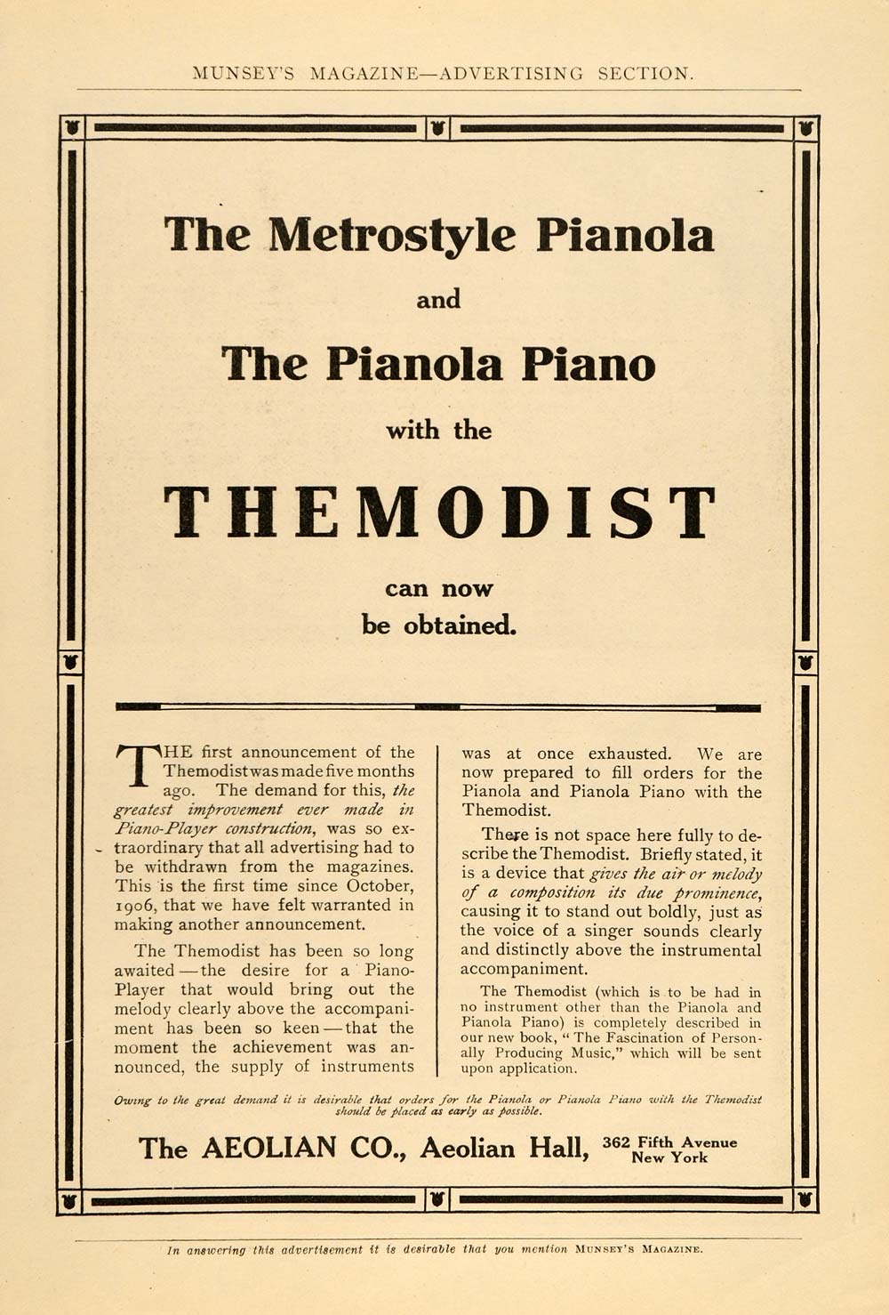 1907 Vintage Ad Aeolian Metrostyle Pianola Player Piano - ORIGINAL OLD3A
