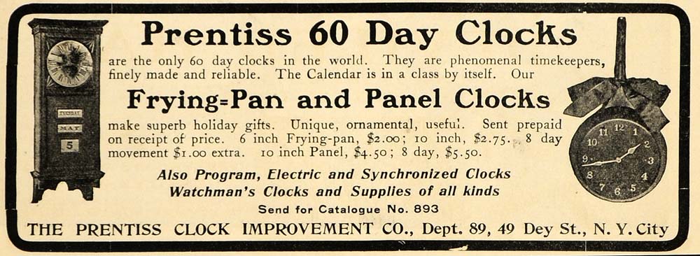 1903 Vintage Ad Prentiss 60 Day Clocks Frying Pan Panel - ORIGINAL OLD3A
