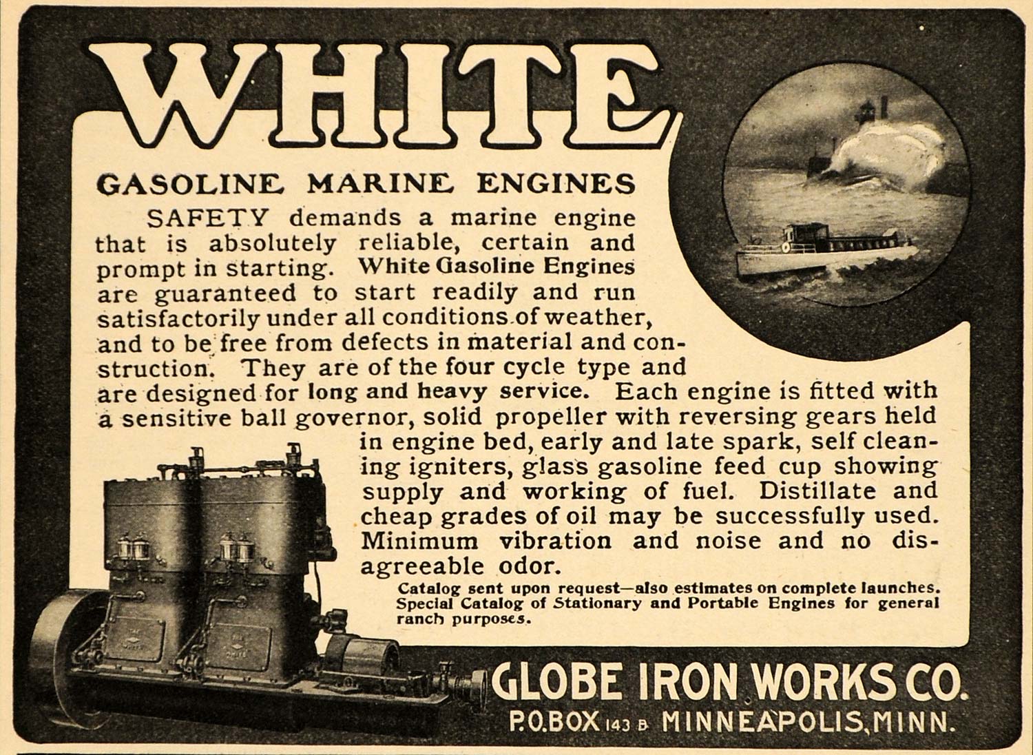 1903 Vintage Ad White Gas Marine Engines Globe Iron - ORIGINAL ADVERTISING OLD3A