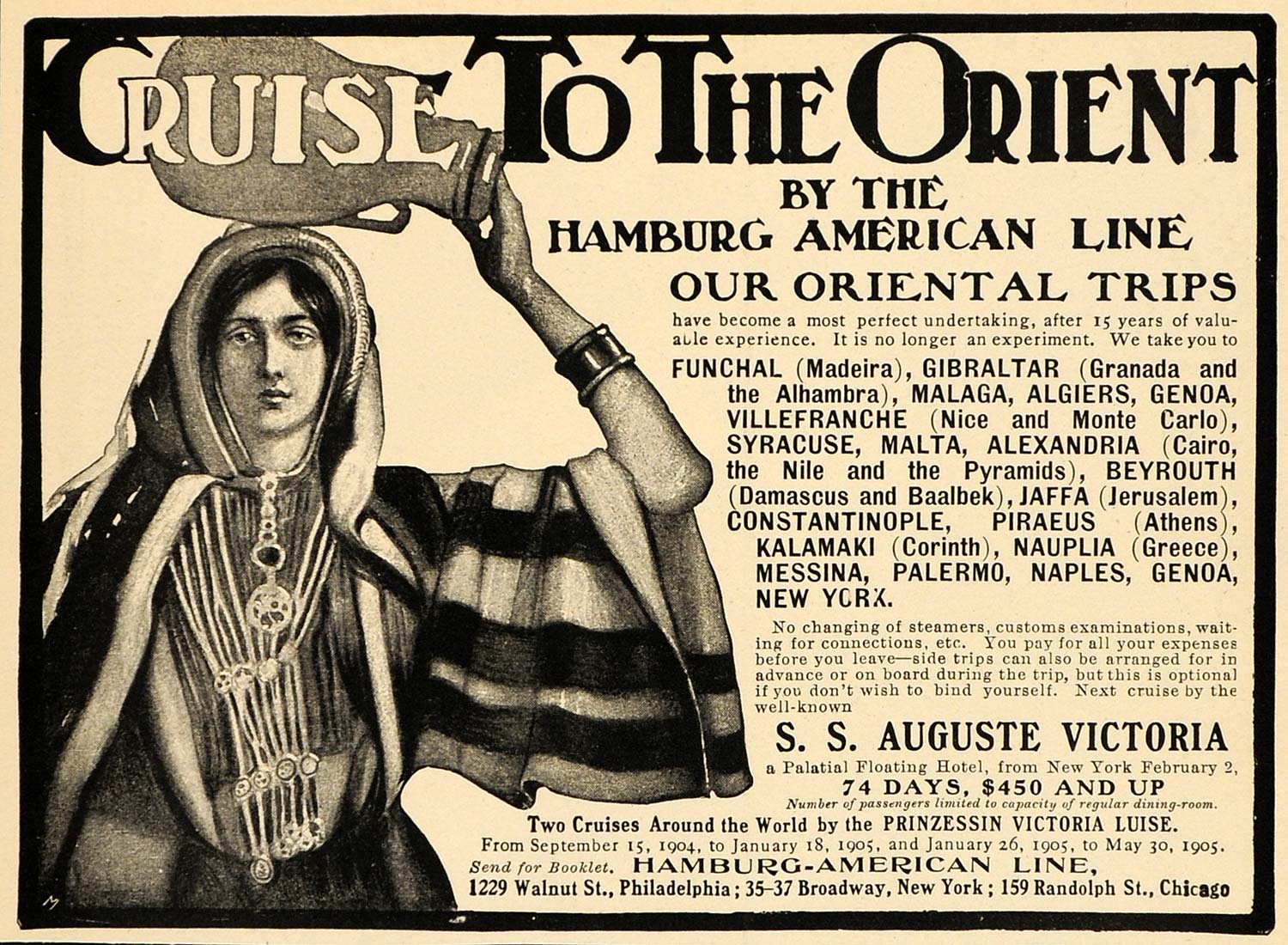 1903 Vintage Ad Hamburg American Line Cruises Orient - ORIGINAL OLD3A