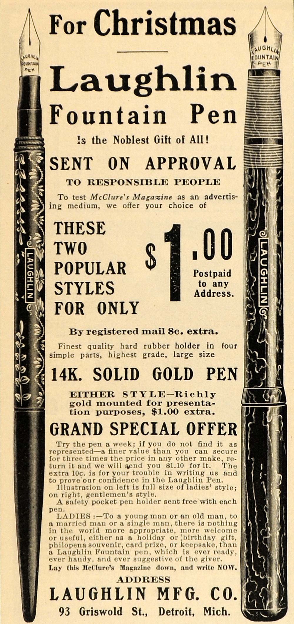 1903 Vintage Print Ad Laughlin Fountain Pen Antique - ORIGINAL ADVERTISING OLD3A