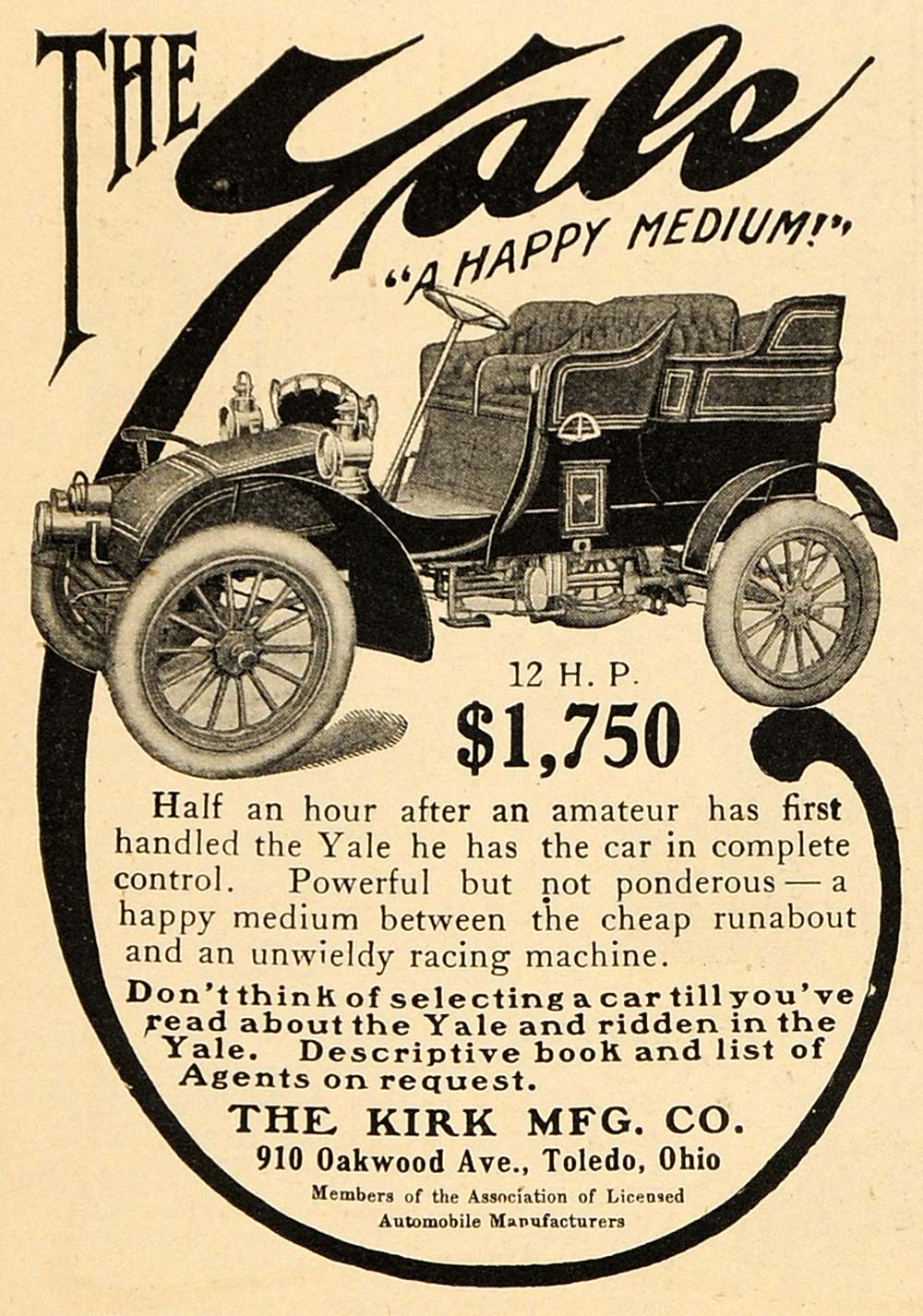 1903 Vintage Ad Yale Antique Automobile Car Kirk Mfg. - ORIGINAL OLD3A