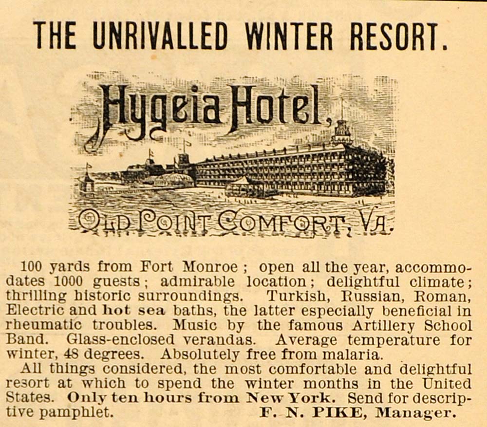 1888 Vintage Ad Hygeia Hotel Old Point Comfort Resort - ORIGINAL OLD3A