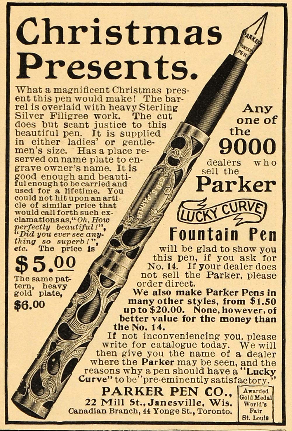 1904 Ad Parker Fountain Pen Lucky Curve Janesville WI - ORIGINAL OLD3A