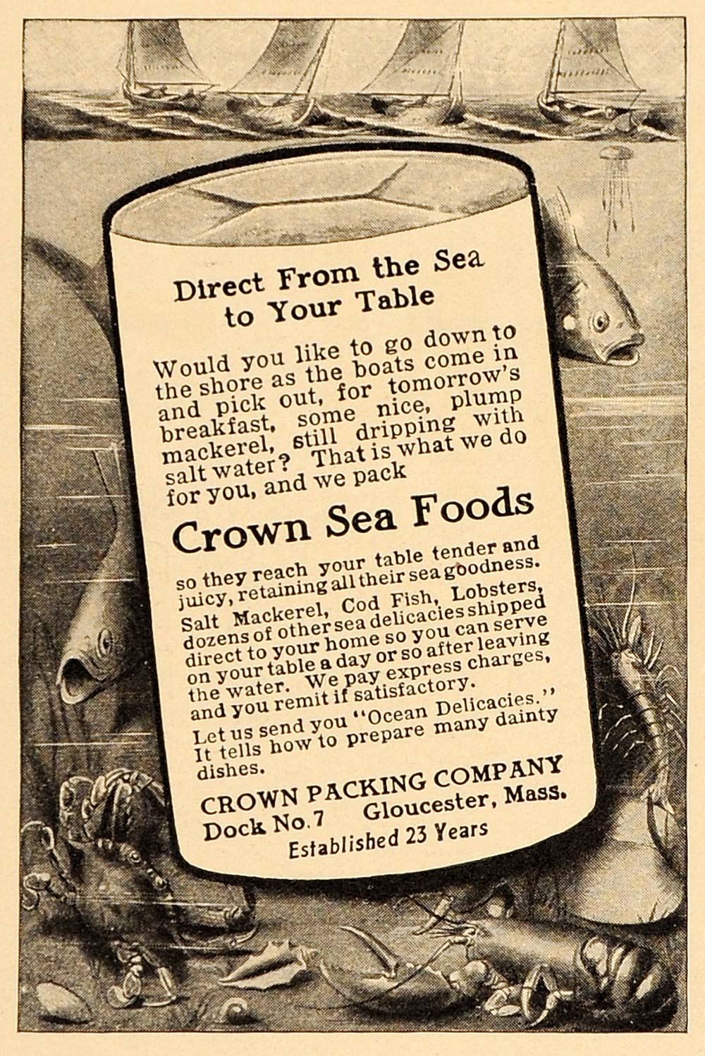1911 Ad Crown Sea Food Canned Fish Dock 7 Gloucester MA - ORIGINAL OLD3A