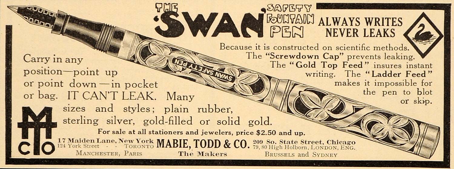 1911 Vintage Ad Swan Safety Fountain Pen Mabie Todd Co. - ORIGINAL OLD3A