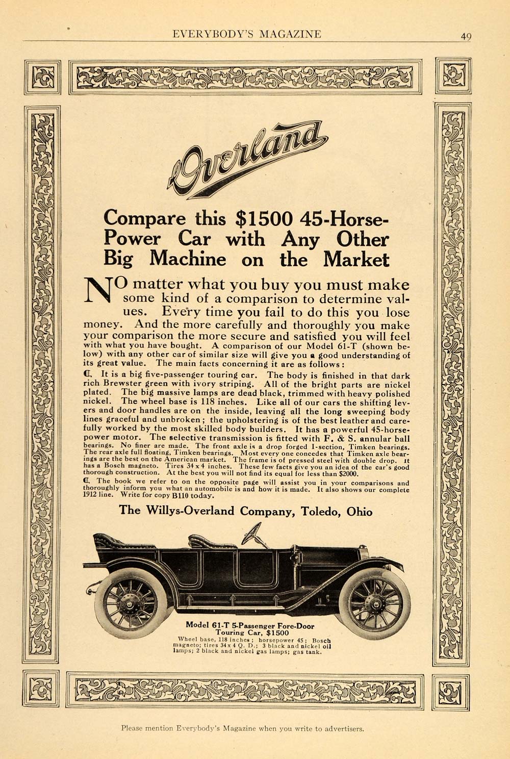 1911 Vintage Ad Willys Overland Touring Car 59-T 61-T - ORIGINAL OLD3A
