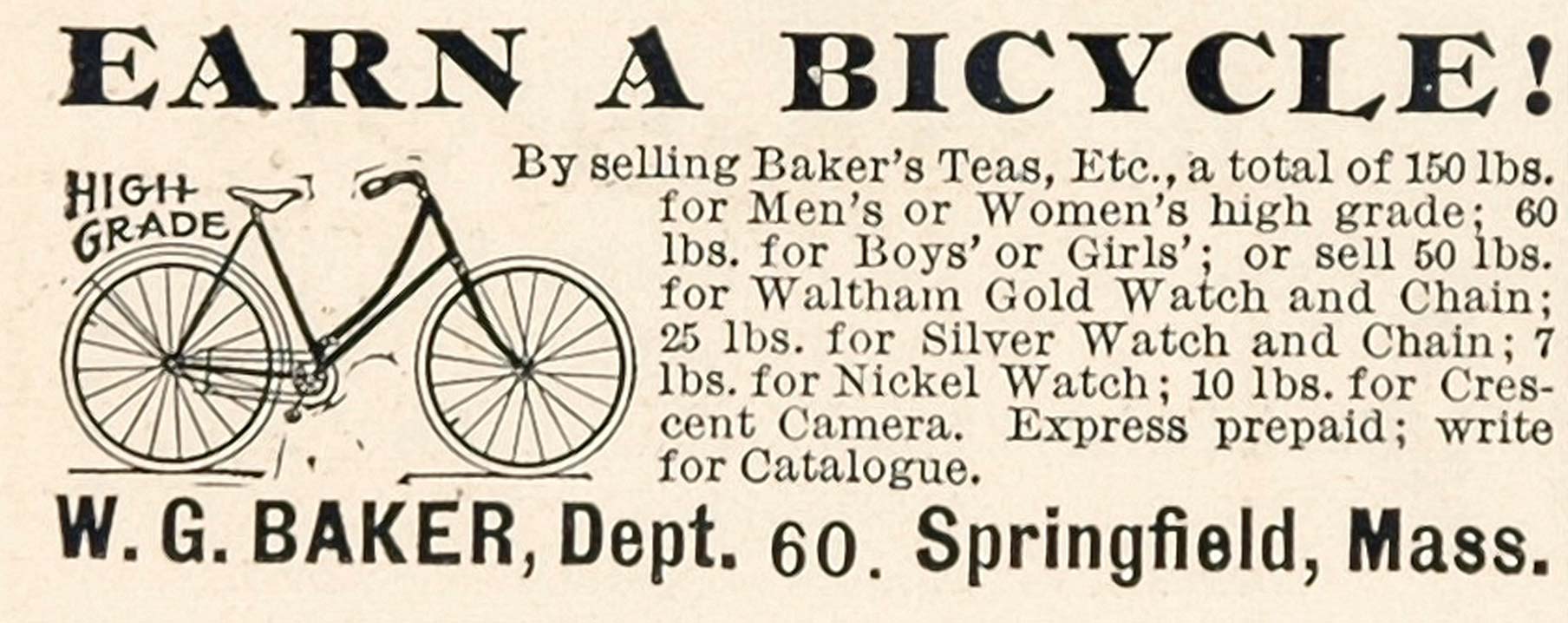 1898 Vintage Ad Bicycle Bike W. G. Baker Springfield MA - ORIGINAL OLD3
