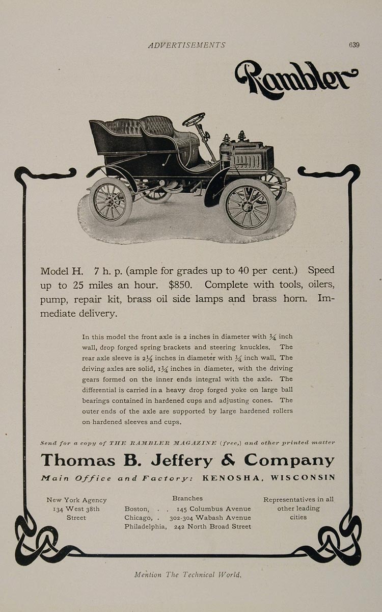 1905 Ad Rambler Auto Model H Thomas B. Jeffery Kenosha - ORIGINAL OLD3