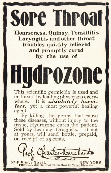 1904 ORIG. Ad Tonsilitis Medicine Hydrozone Sore Throat Cure Quackery OLD3