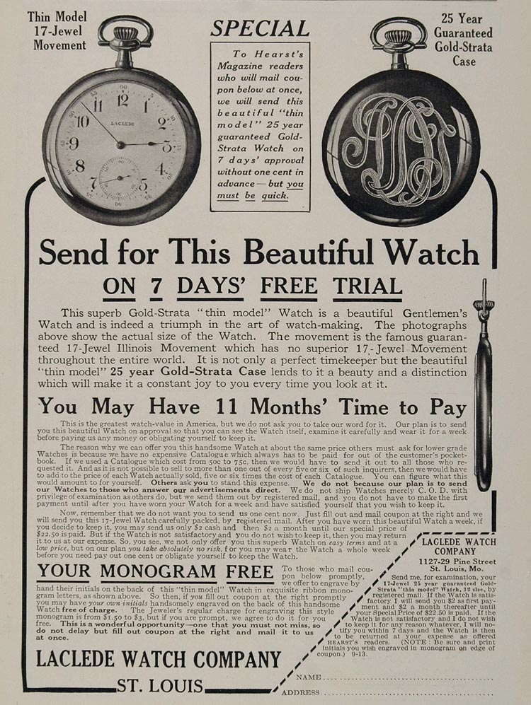 1913 Ad Laclede Watch Company St. Louis Gold Strata - ORIGINAL ADVERTISING OLD3